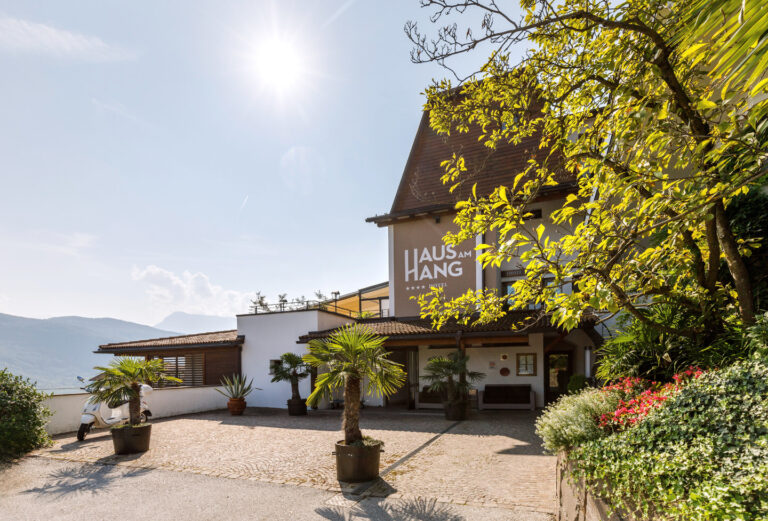 Eingangsbereich des Hotels 'Haus am Hang' mit Fassadenschrift, Terrassenüberdachung, Topfpalme und sonnigem Himmel