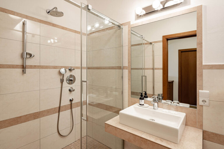 Badezimmer der Deluxe Suite mit Glasduschkabine, Duscharmatur, weißem Waschbecken, Spiegel, Handtuchhalter und Holztür.