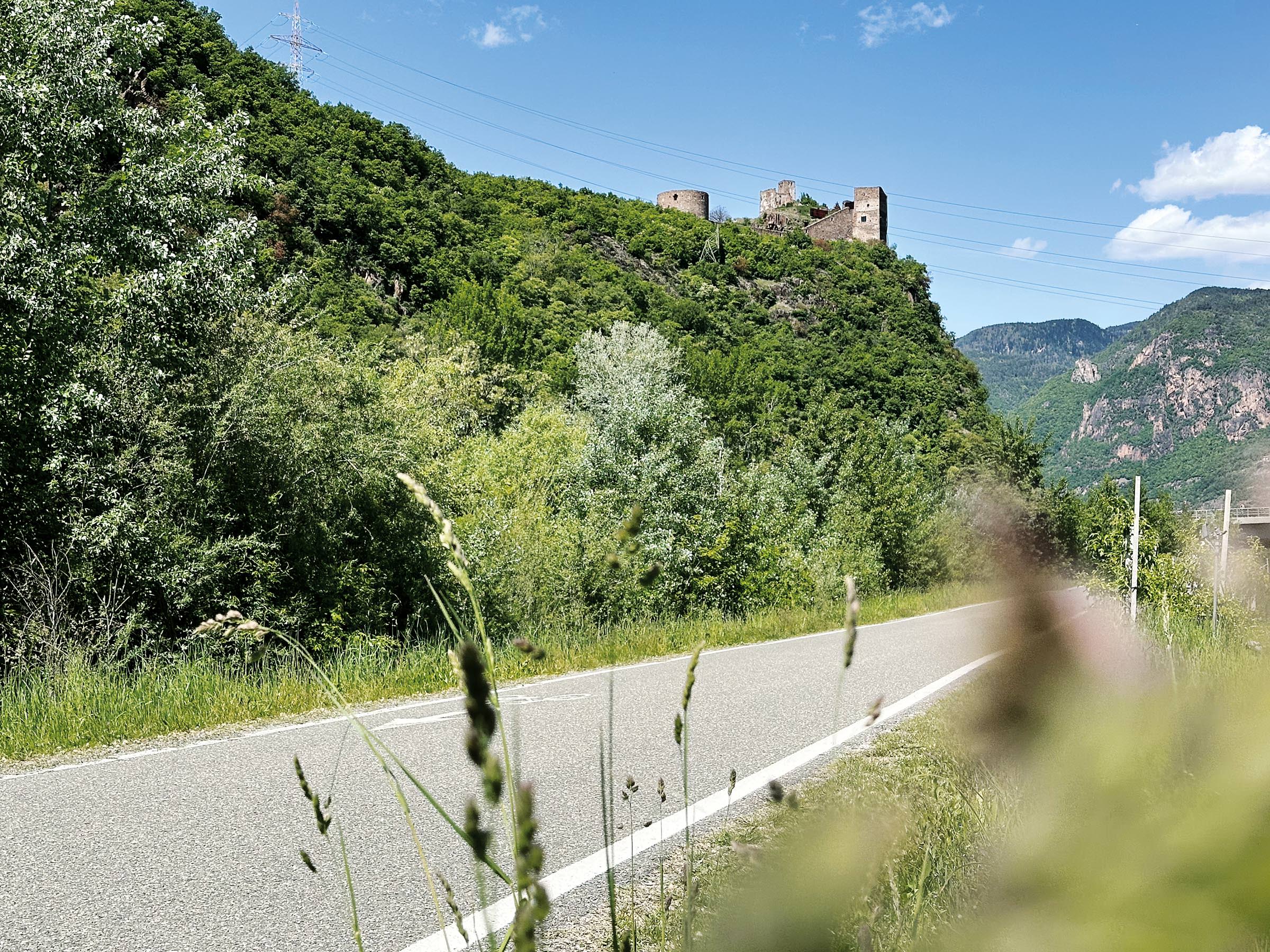 Asphaltierter Weg mit Leitpfosten, grasige Böschung, bewaldeter Hügel mit Burgruine oben, blauer Himmel