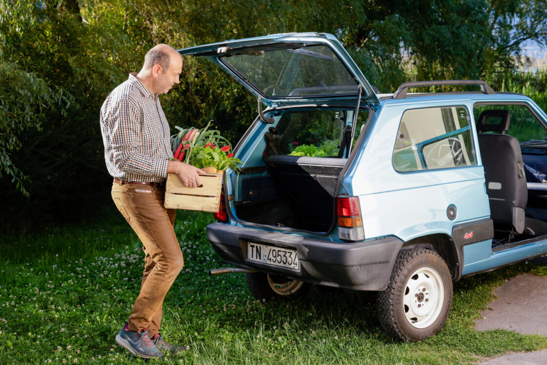 Mann belädt die offene Heckklappe eines blauen Kleinwagens mit einer Kiste grüner Pflanzen.