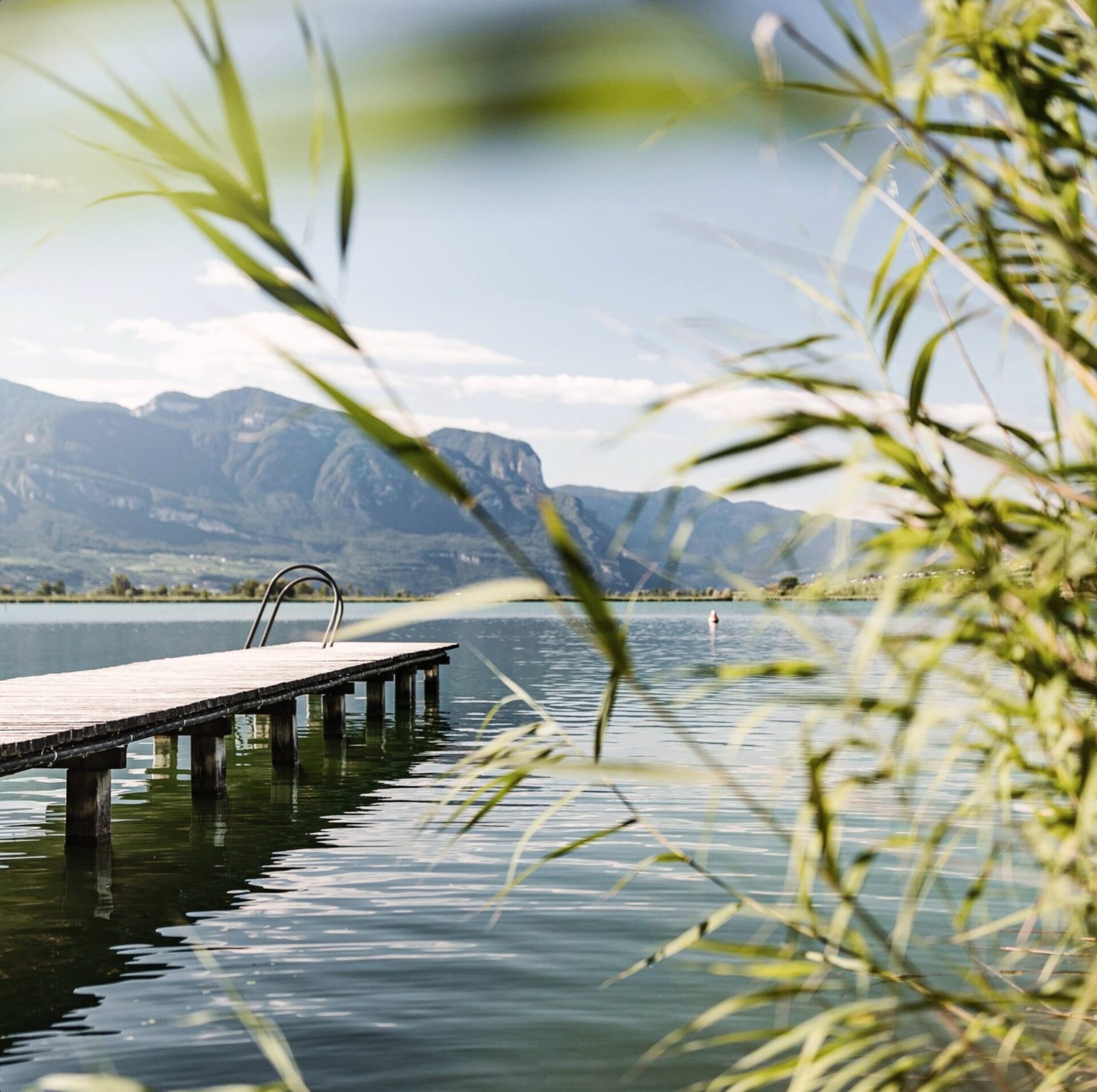 Holzsteg am Kalterer See, Schilf im Vordergrund, ruhiges Wasser und Bergen im Dunst