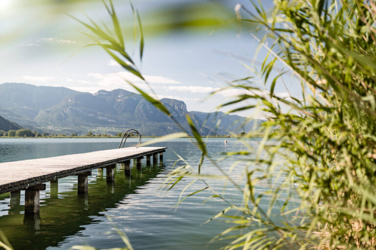 Holzsteg, der in ruhiges Wasser des Kalterer Sees ragt; Schilf im Vordergrund, entfernte Berge im Hintergrund.
